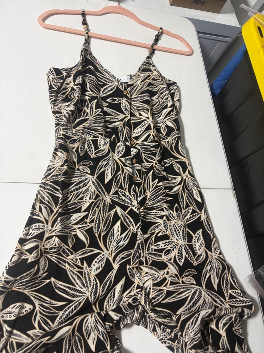 Zara Black and Cream Floral Button-Front Mini Dress